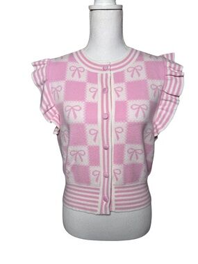 rareraw Pink and White Bow-Print Ruffle Sleeve Knit Cardigan Vest Women Small